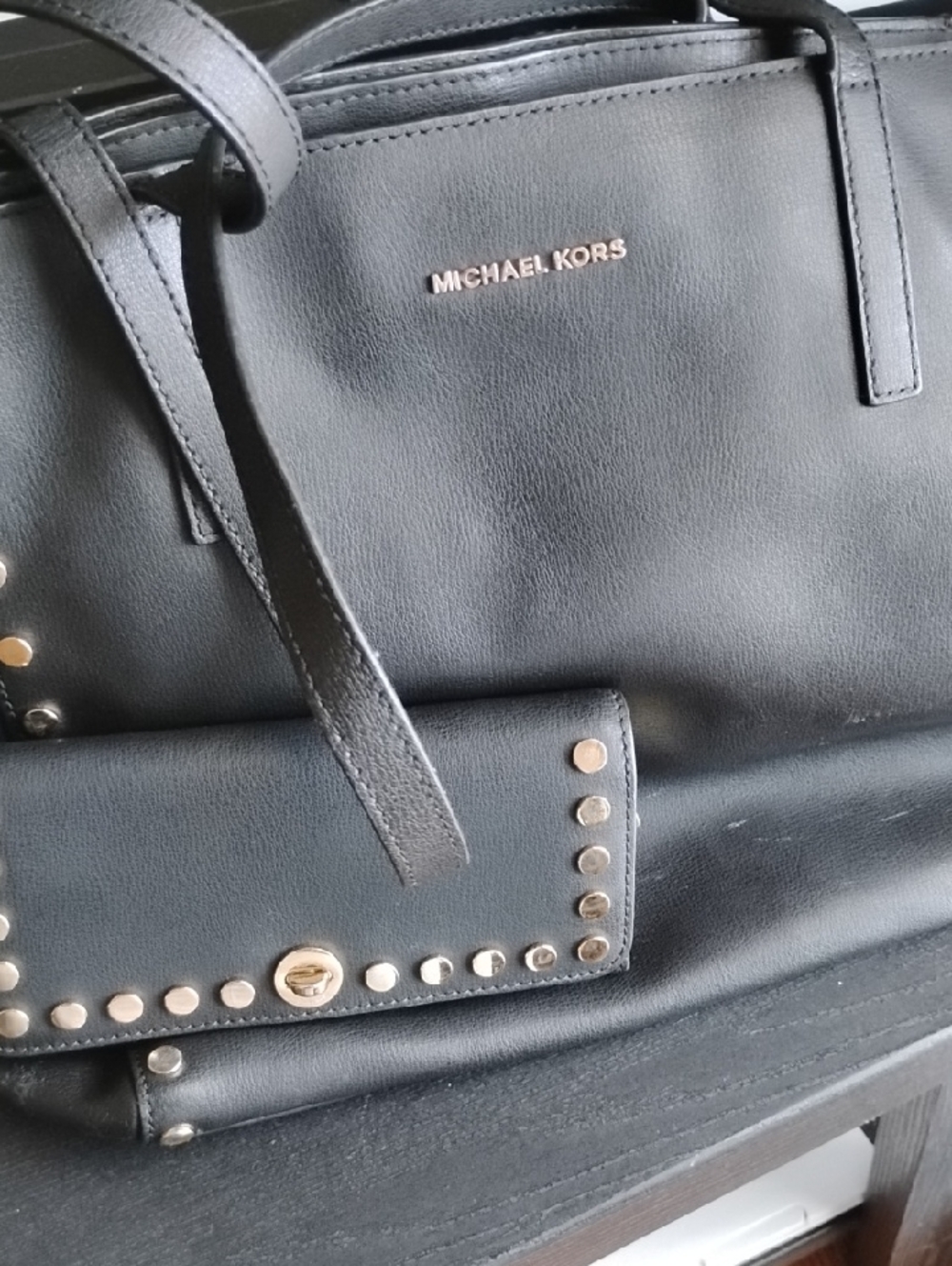 Michael Kors Black Leather Tote with Gold Stud Accents and Wallet